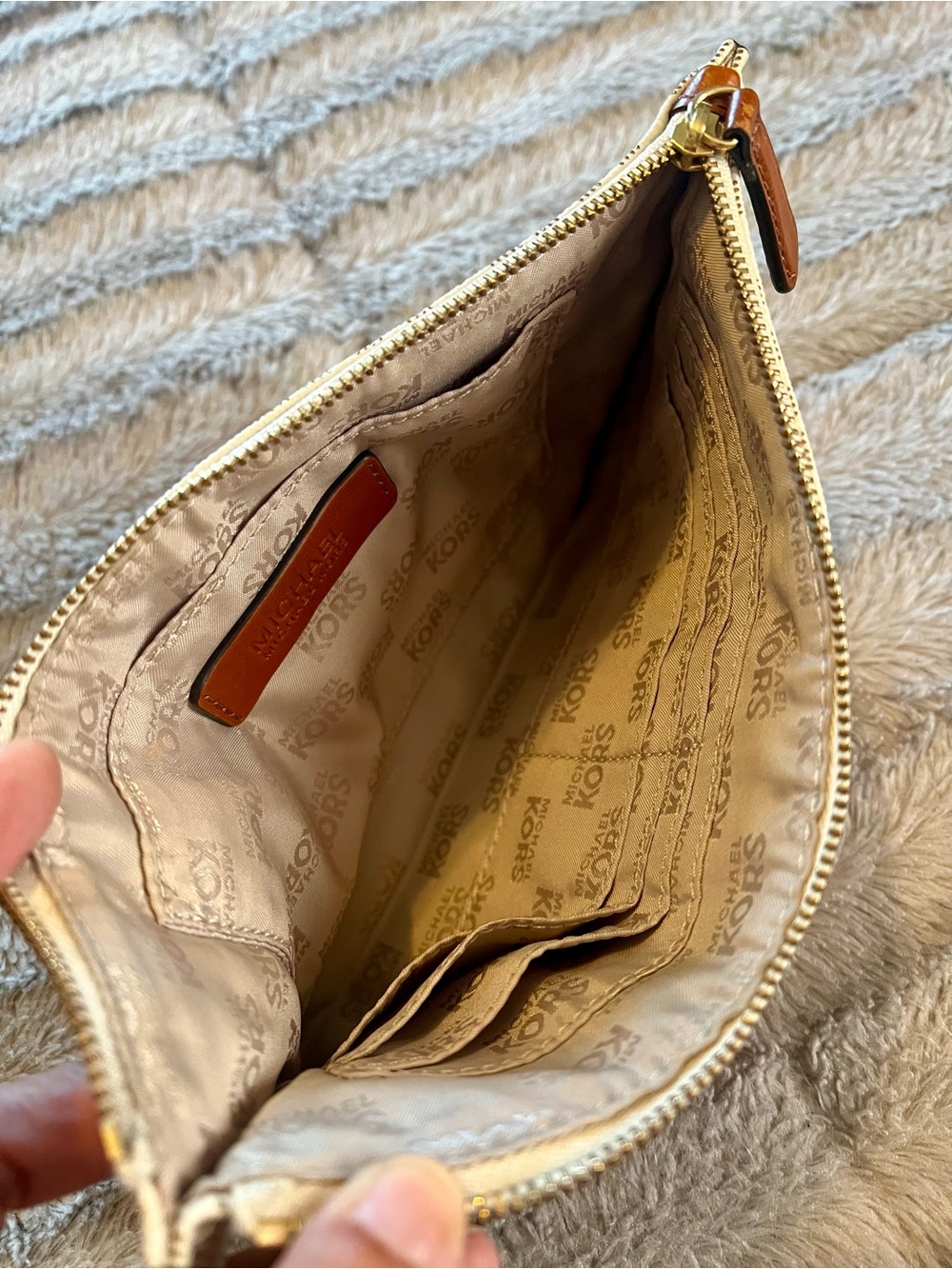 Michael Kors Cream and Brown Logo Continental Wallet with Gold MK Emblem - Picture 3 of 3